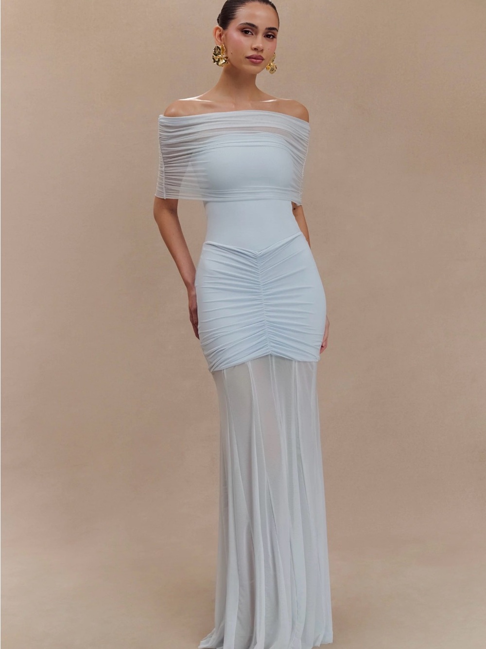 Meshki Off-Shoulder Pale Blue Ruched Mesh Gown